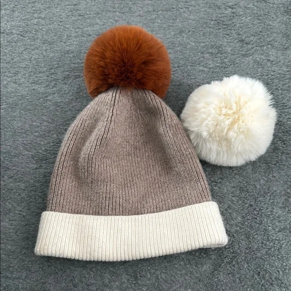 Brown and Cream Pom-Pom Knit Hat - Picture 1 of 3